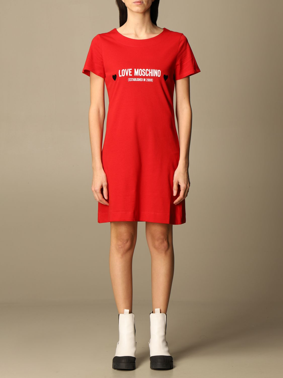 LOVE MOSCHINO: t-shirt dress with logo - Red | Love Moschino dress ...