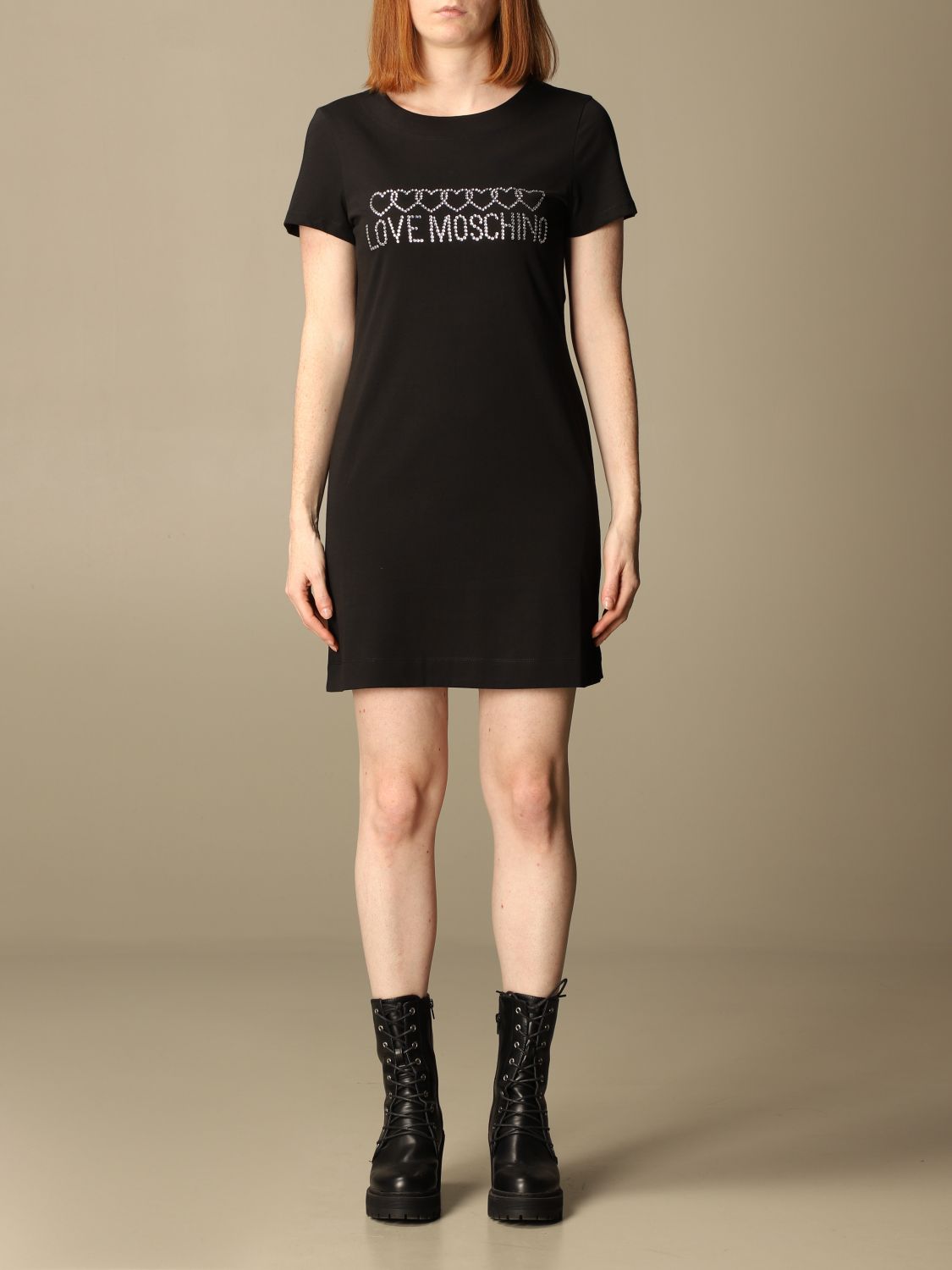 LOVE MOSCHINO: t-shirt dress in cotton with rhinestones logo - Black ...