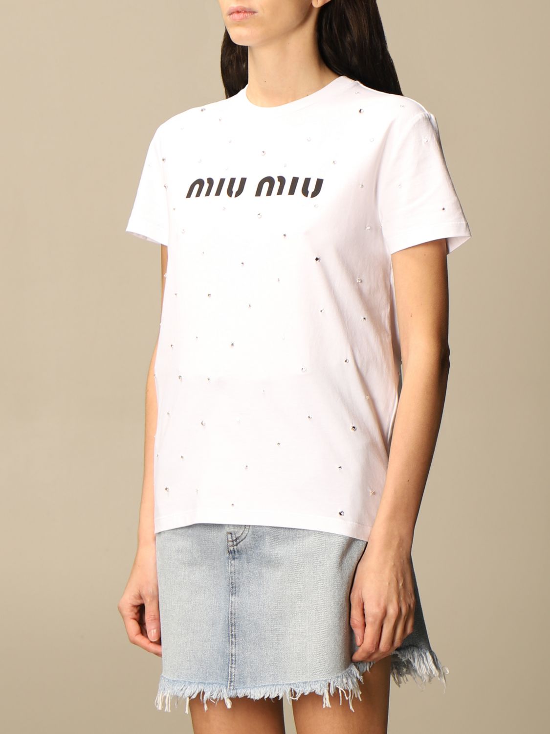 マルチボーダーシリーズ miumiu ビジュー付きトップス 半袖 Tシャツ