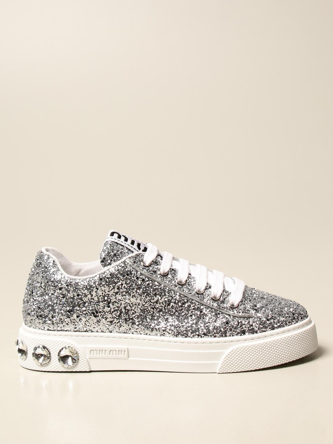 MIU MIU: glitter sneakers with maxi crystals - Silver | Miu Miu sneakers  5E643C 3ADF online on 