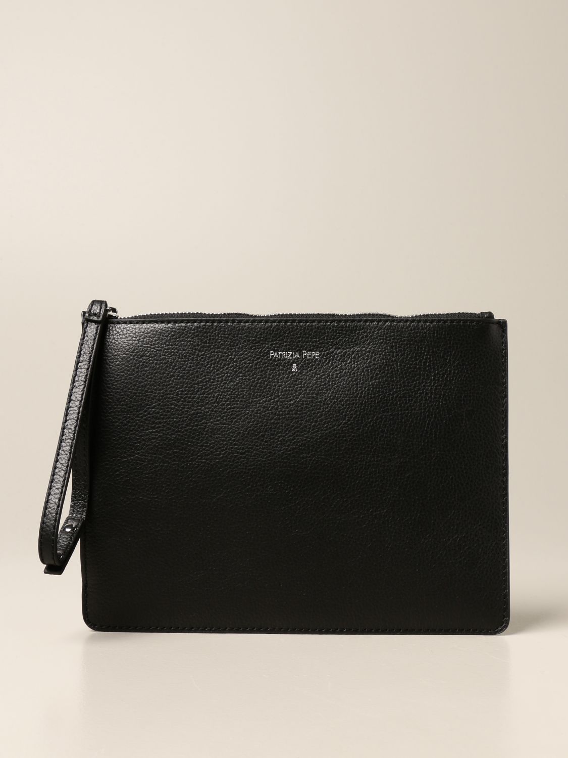 PATRIZIA PEPE: clutch bag in grained leather with logo - Black ...