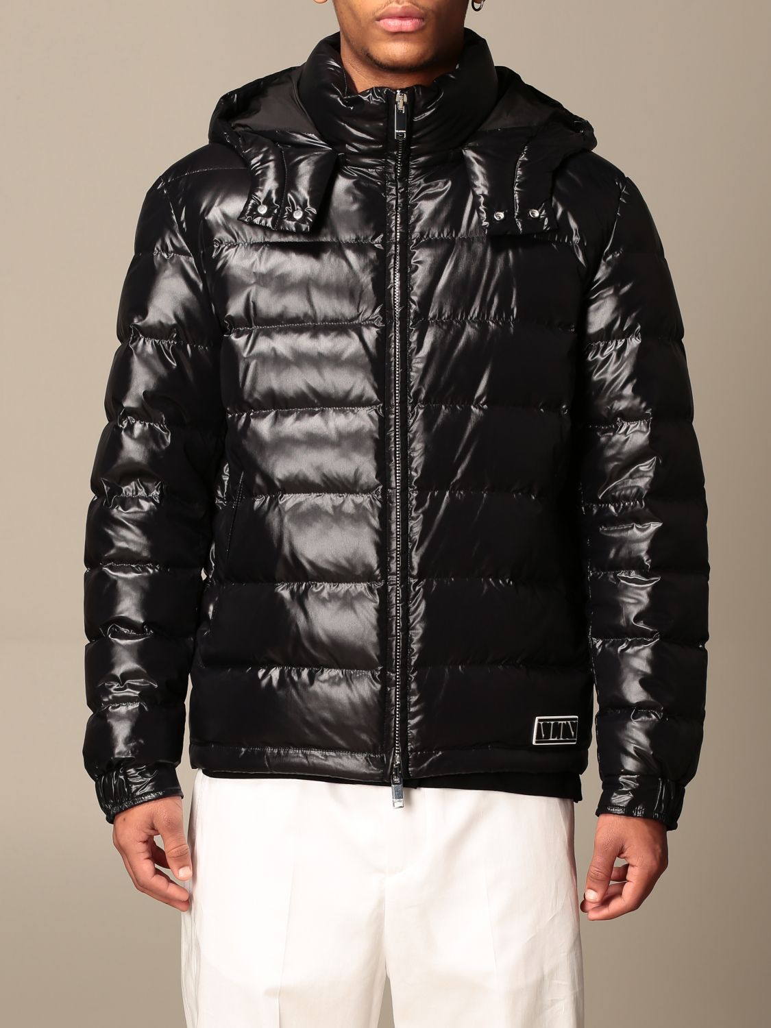 VALENTINO: hooded down jacket with VLTN logo - Black | Valentino jacket ...