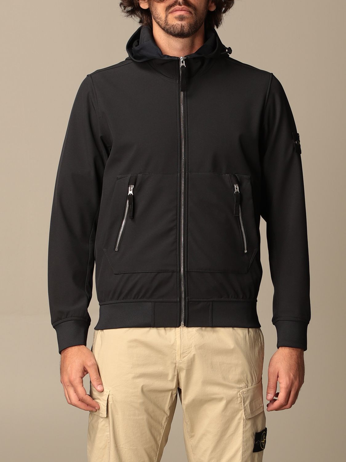 STONE ISLAND: soft shell light e-dye jacket with hood - Navy | Jacket