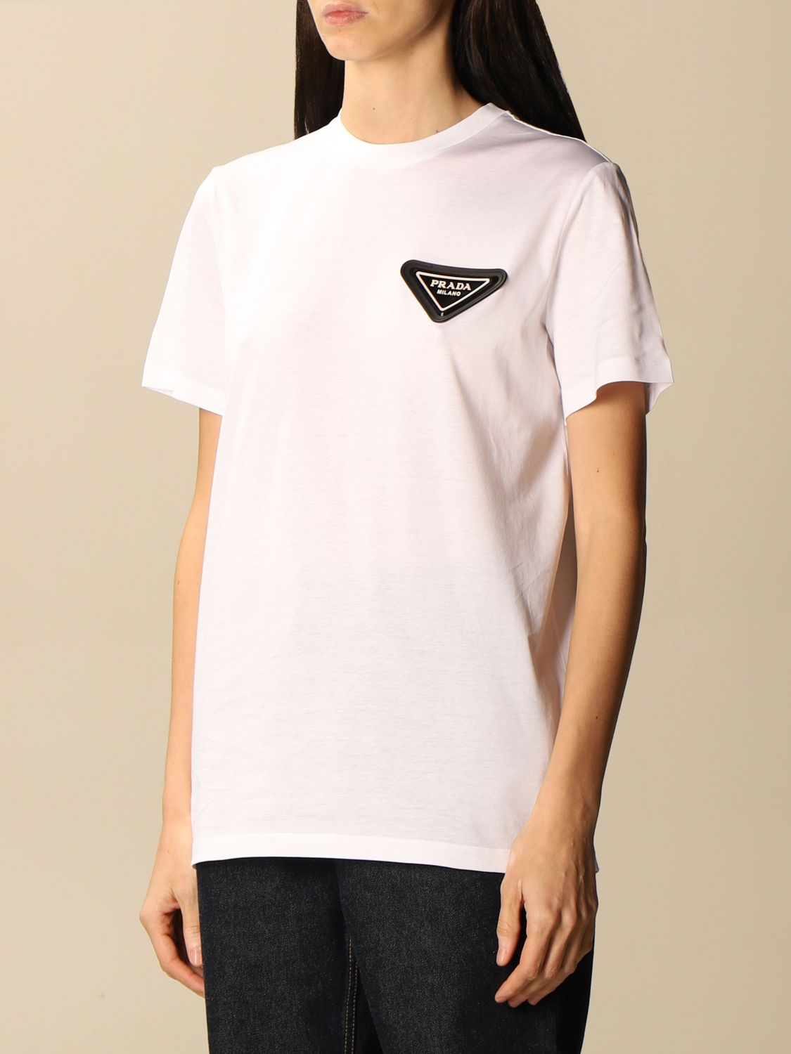 PRADA: cropped cotton T-shirt with triangular logo - White | T-Shirt ...