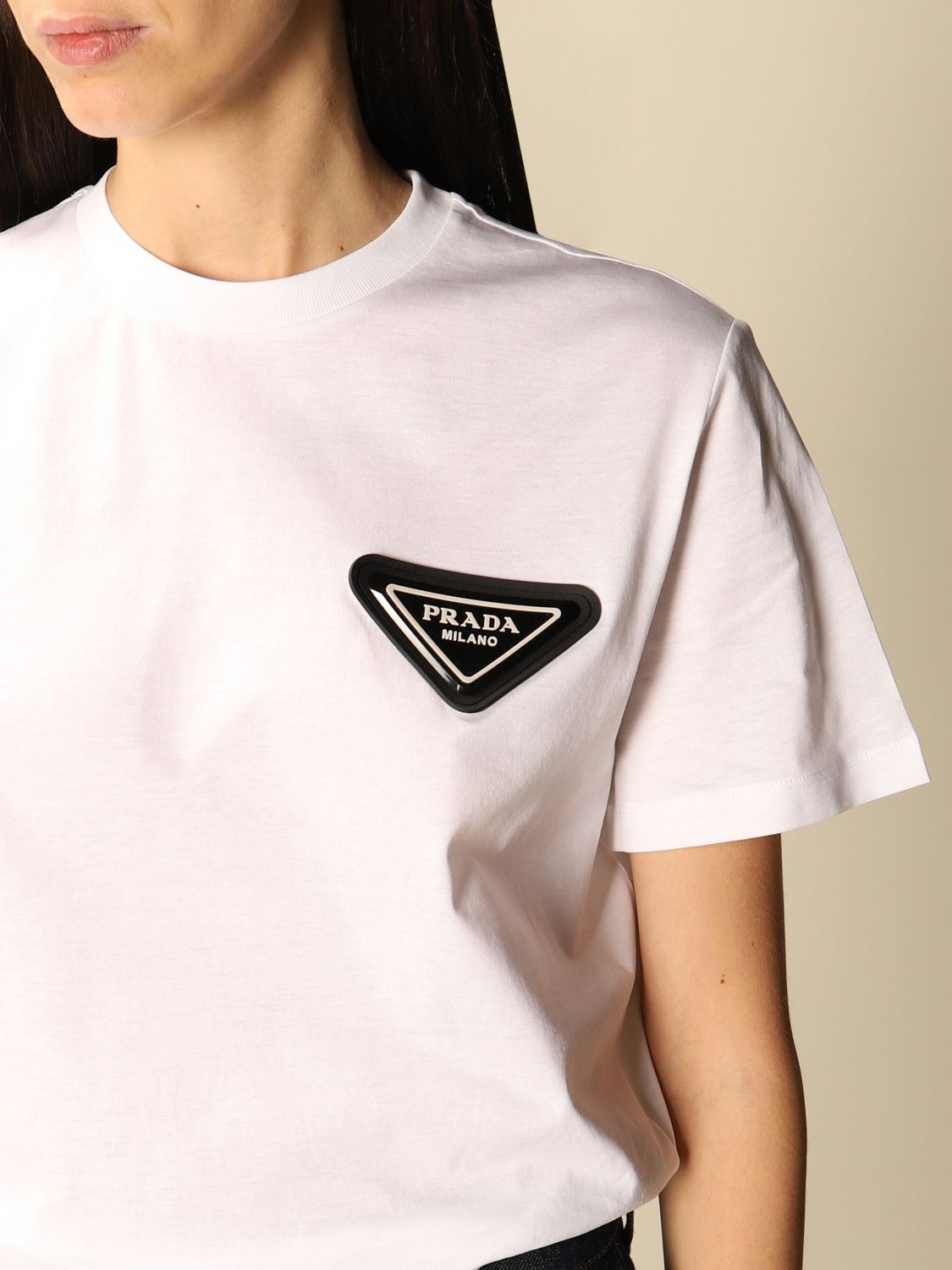 PRADA: cropped cotton T-shirt with triangular logo - White | T-Shirt Prada 35838 1X58 GIGLIO.COM