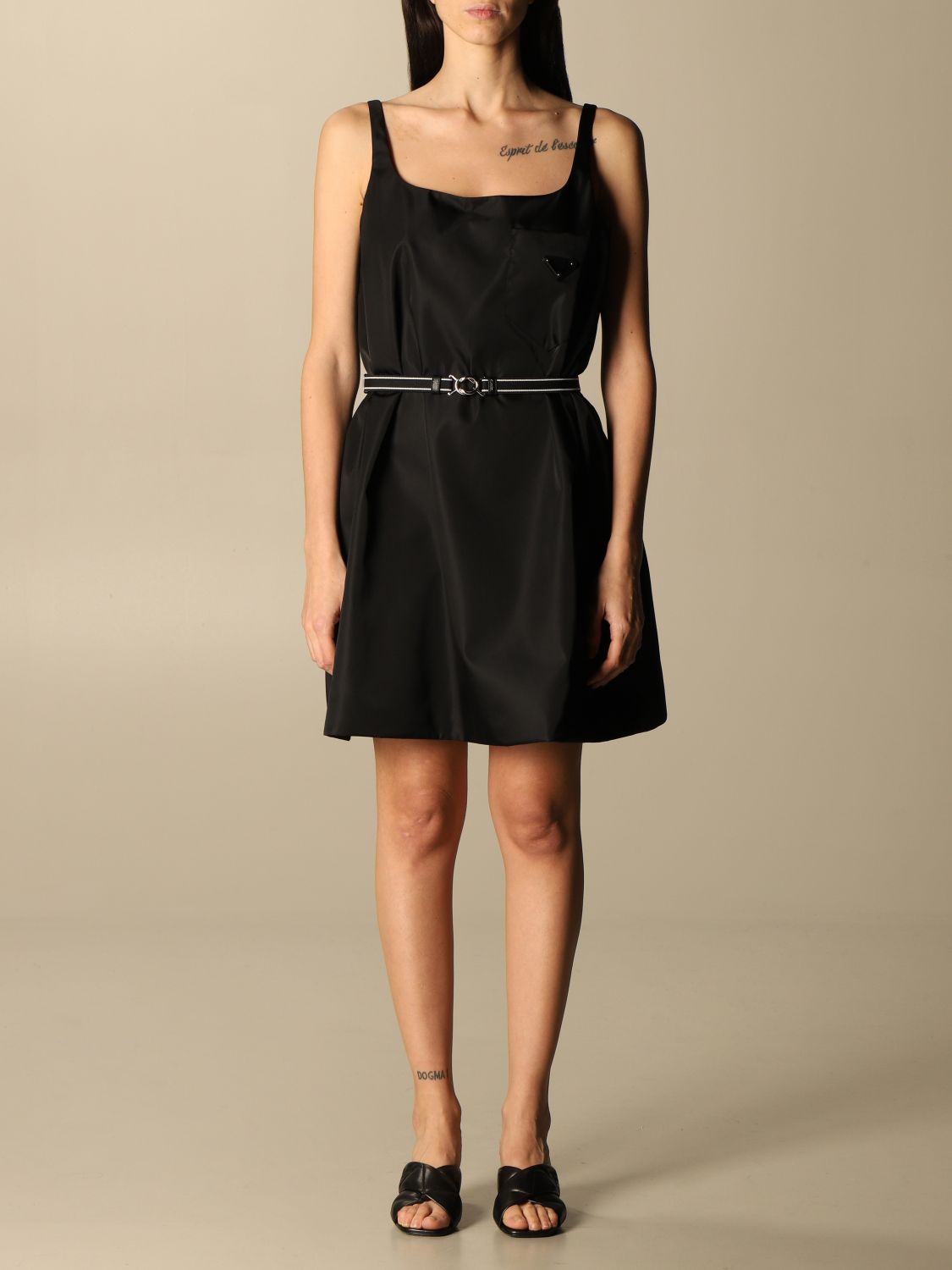 PRADA: nylon gabardine dress with belt - Black | Prada dress 23X621 1WQ8  online on 