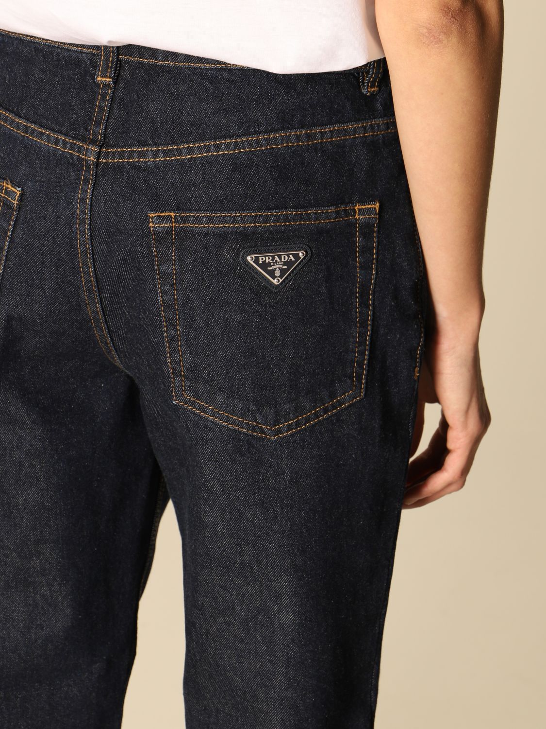 PRADA: cropped jeans with triangular logo - Blue | Prada jeans GFP459 1XUT  online on 