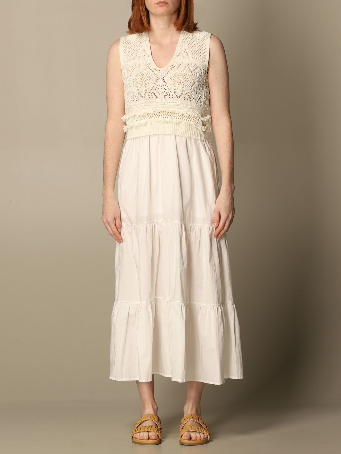 TWINSET: Twin-set long dress in knit and cotton - White | Twinset dress