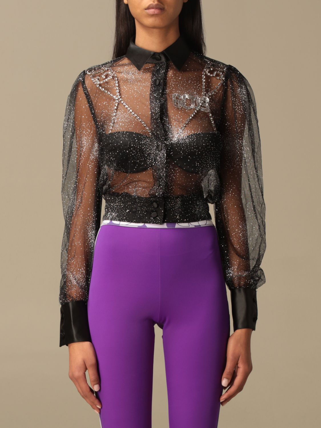 GCDS Camicia Trasparente Con Glitter E Logo Nero Camicia Gcds 