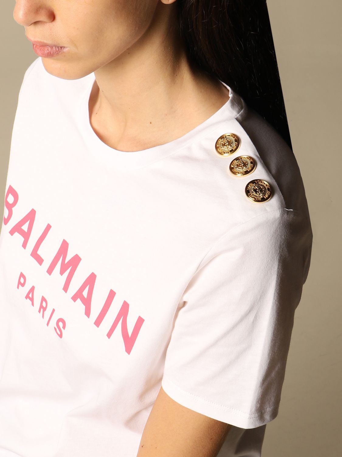BALMAIN: cotton T-shirt with jewel buttons | T-Shirt Balmain Women ...