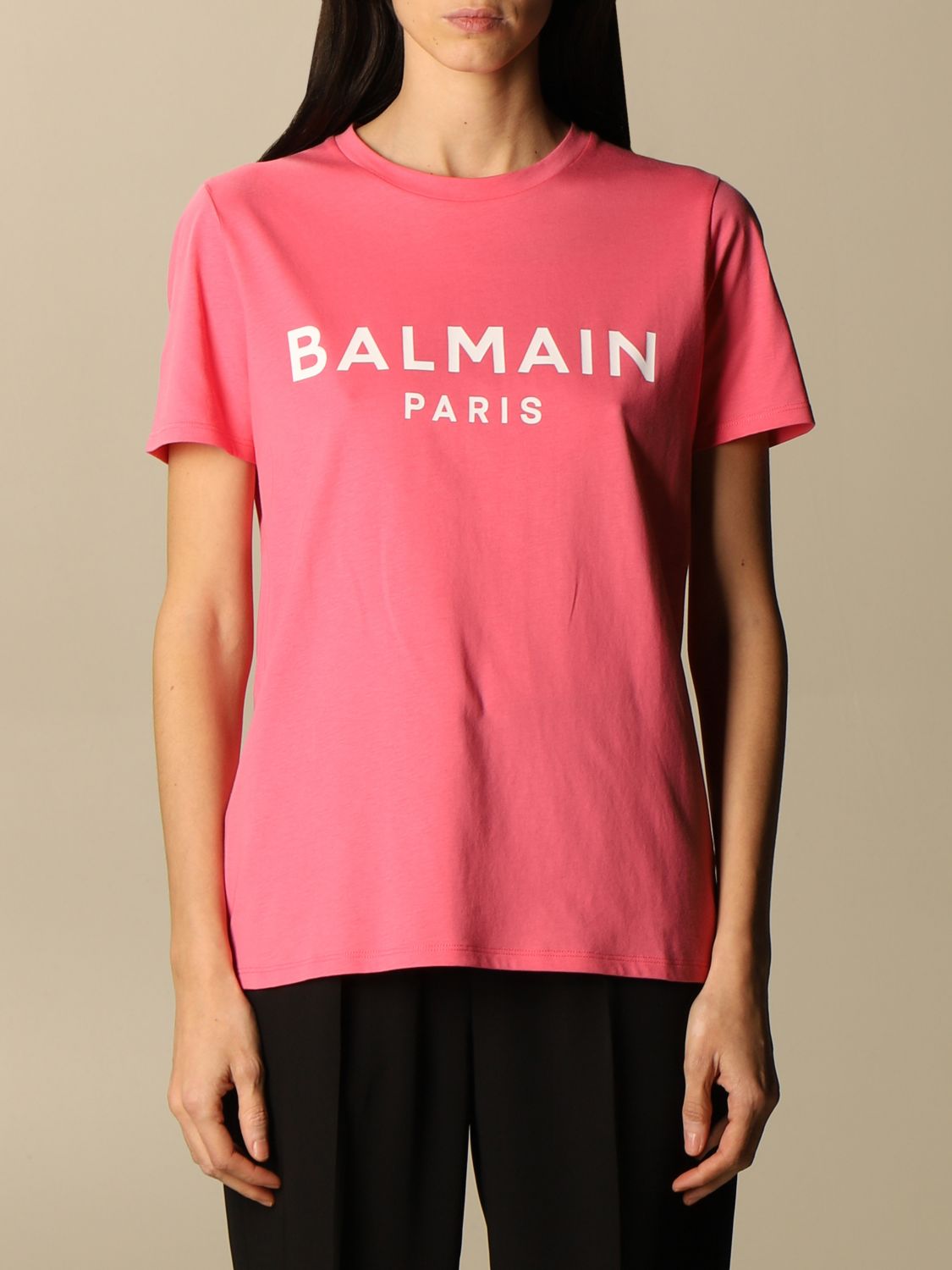 BALMAIN: cotton t-shirt with logo - Pink | T-Shirt Balmain VF11350B019 ...