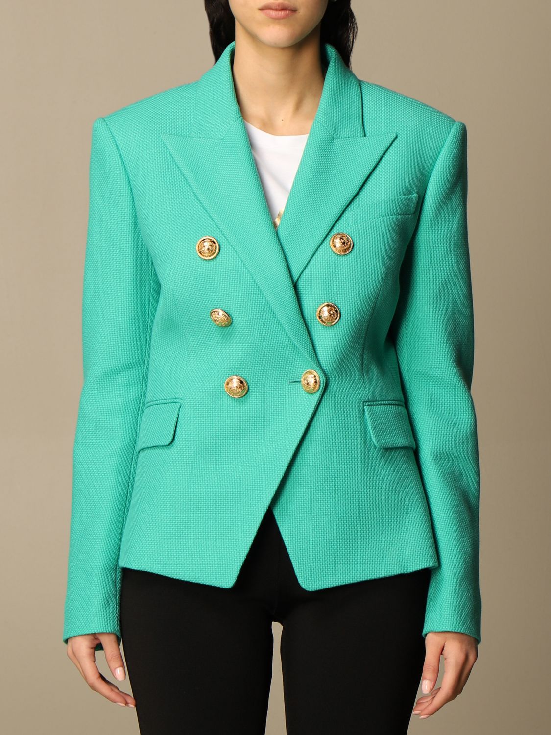 udvikling af Hilse Postkort BALMAIN: double-breasted jacket in pique cotton | Blazer Balmain Women  Green | Blazer Balmain VF17110C208 GIGLIO.COM