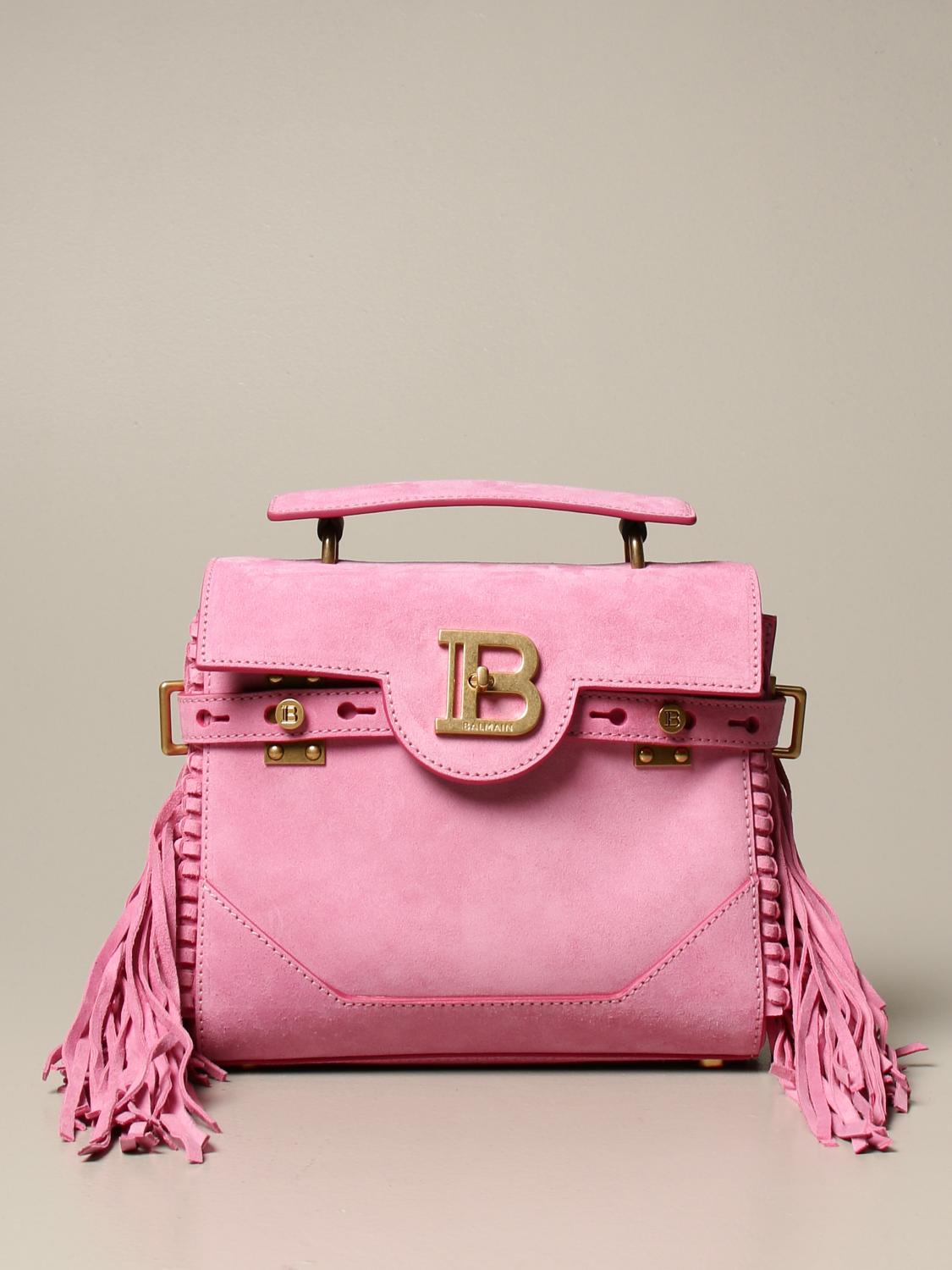 BALMAIN: B-Buzz Bag In Suede With Fringes And Monogram - Pink | Balmain ...