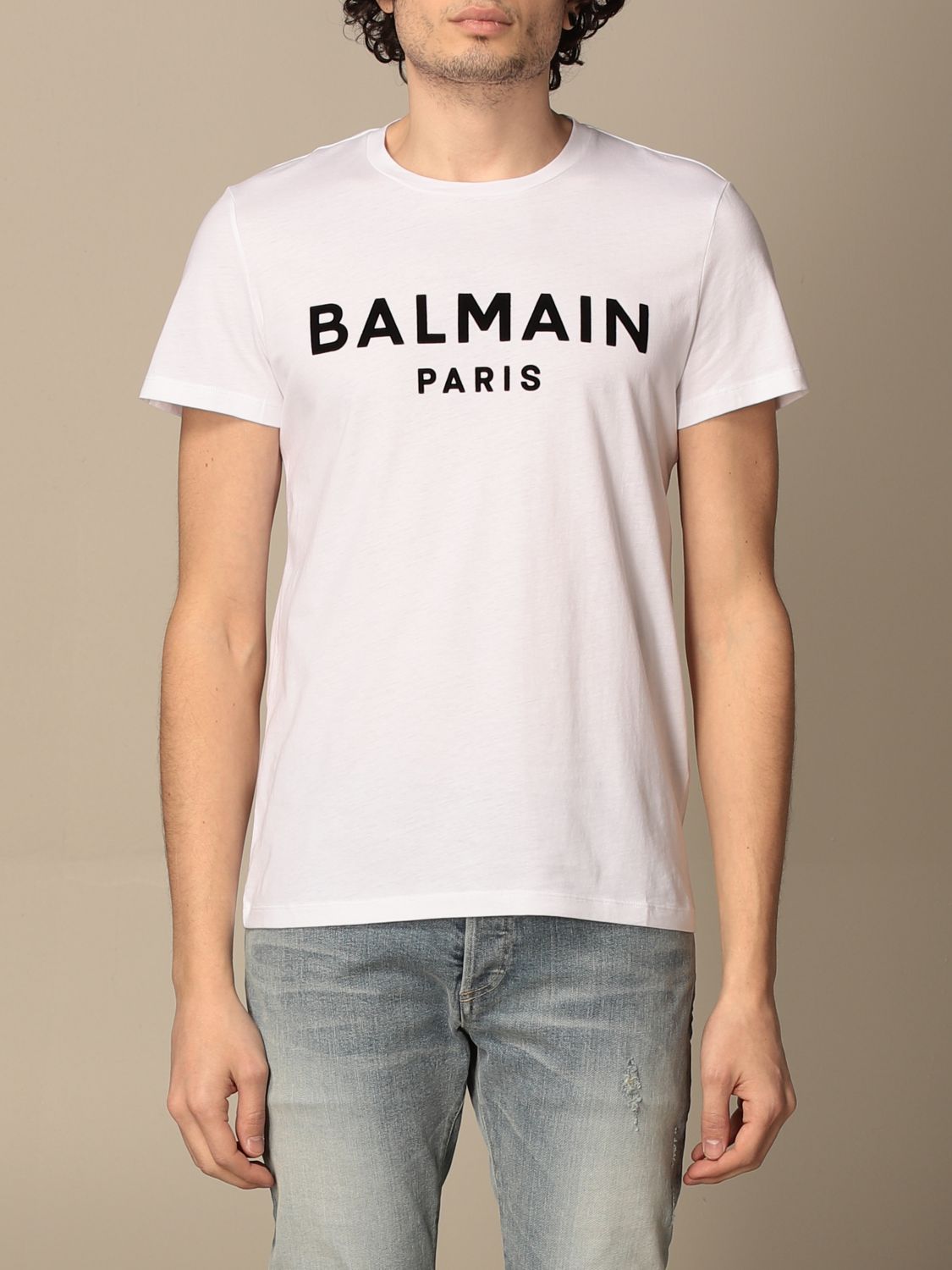 BALMAIN: cotton T-shirt with flocked logo - White 1 | T-Shirt Balmain VH1EF000B043 GIGLIO.COM