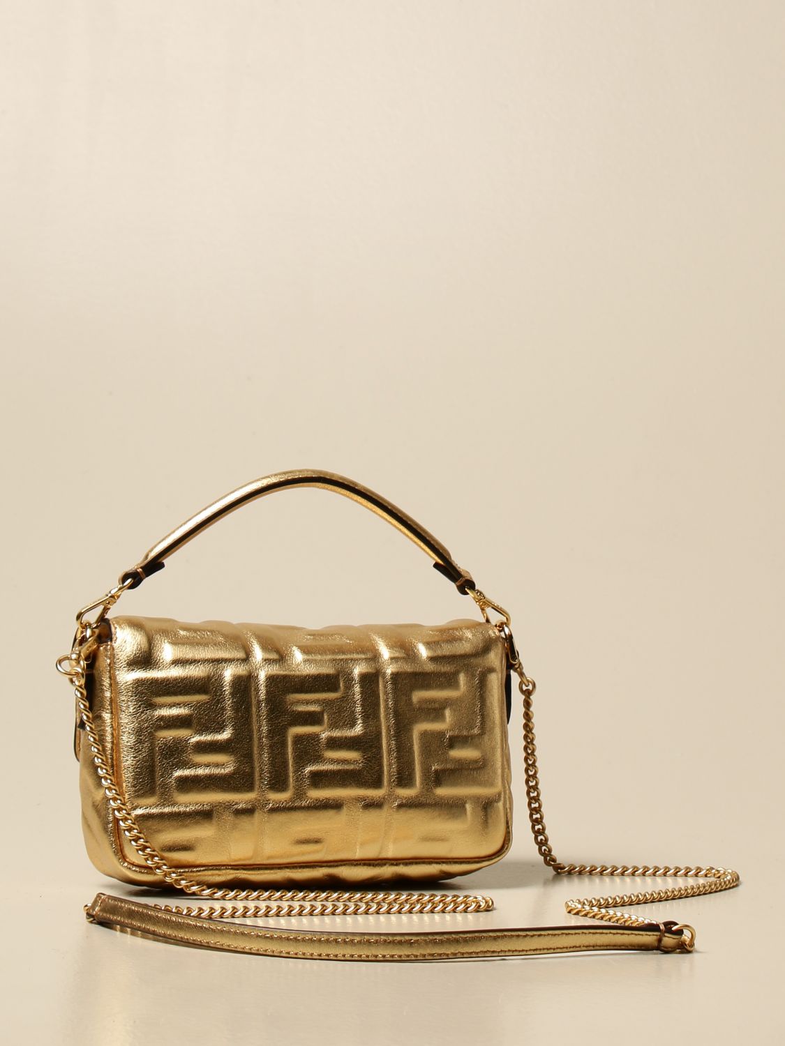 Mini bag Fendi: Fendi Baguette bag in laminated leather with embossed FF logo gold 3
