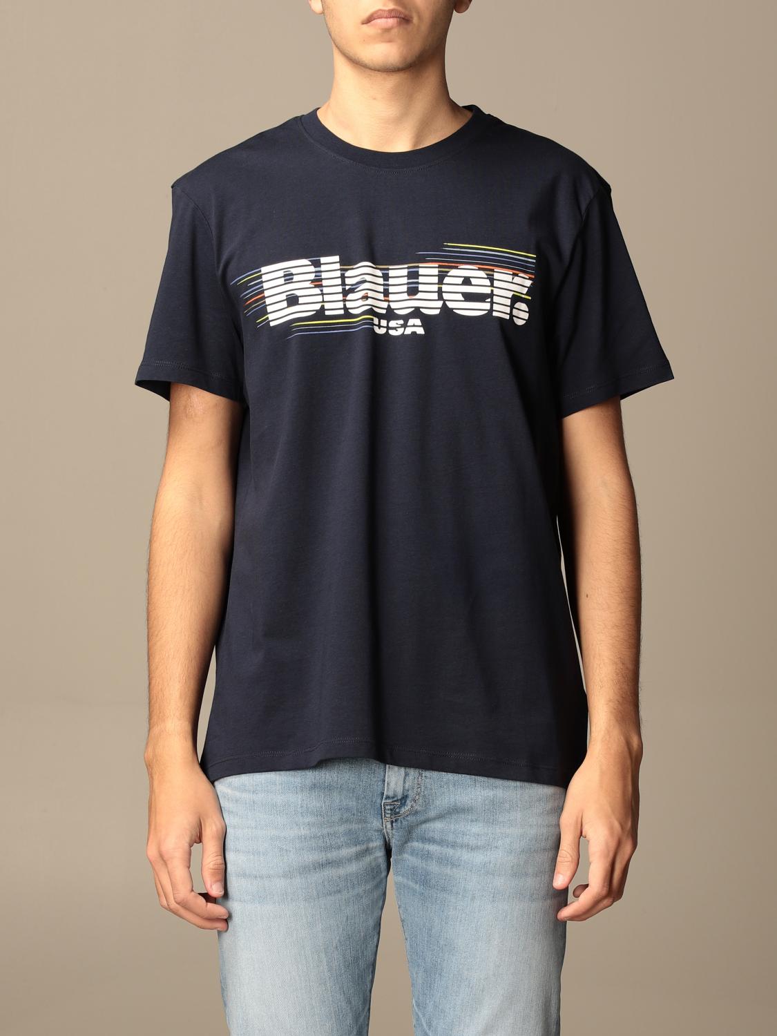 BLAUER: T-shirt in cotone basic con logo - Blue | T-Shirt Blauer ...