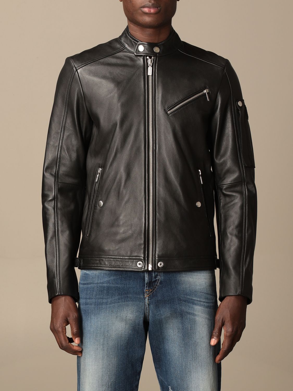 DIESEL: leather jacket with zip - Black | Diesel A00270 0JAYE online at GIGLIO.COM