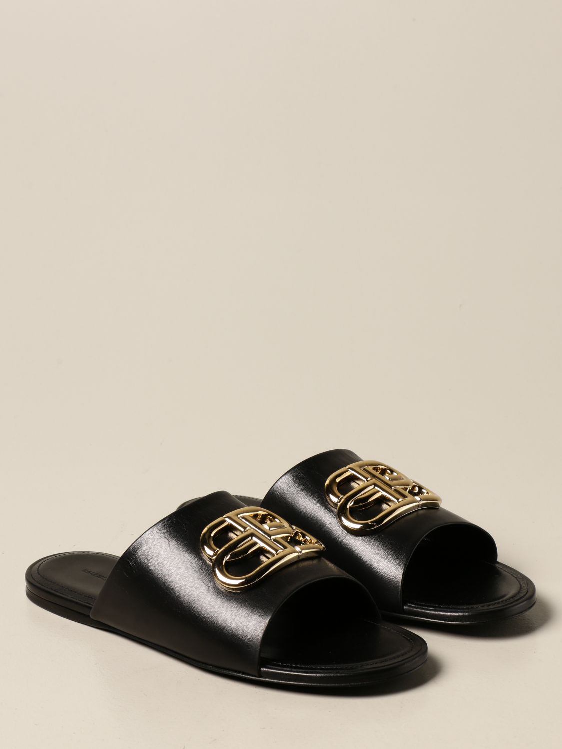 BALENCIAGA: Oval BB sandal in leather with logo | Flat Sandals ...