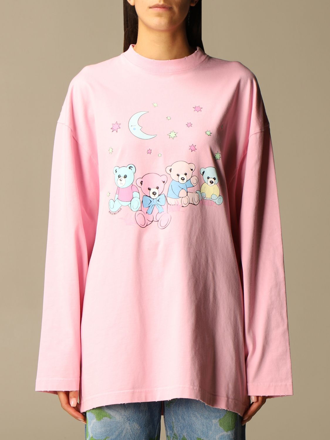 BALENCIAGA: over t-shirt with teddy bear print - Pink | T-Shirt