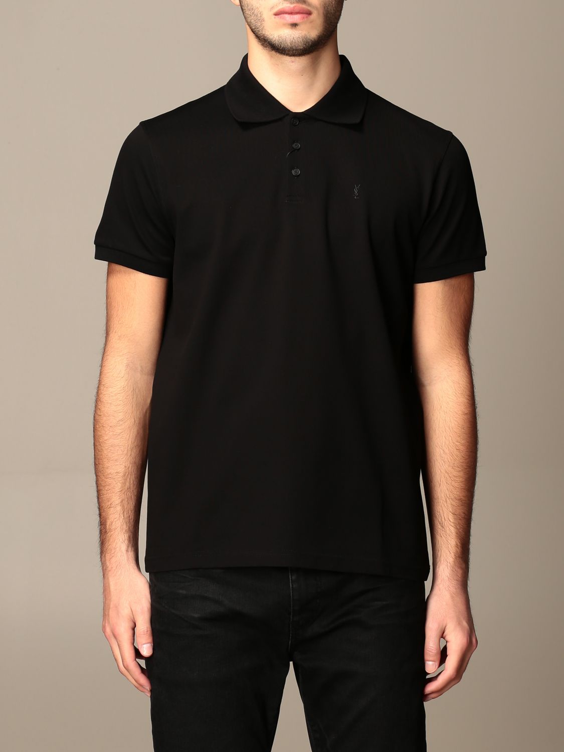 SAINT LAURENT: basic polo shirt in piqué cotton - Black | Polo Shirt ...
