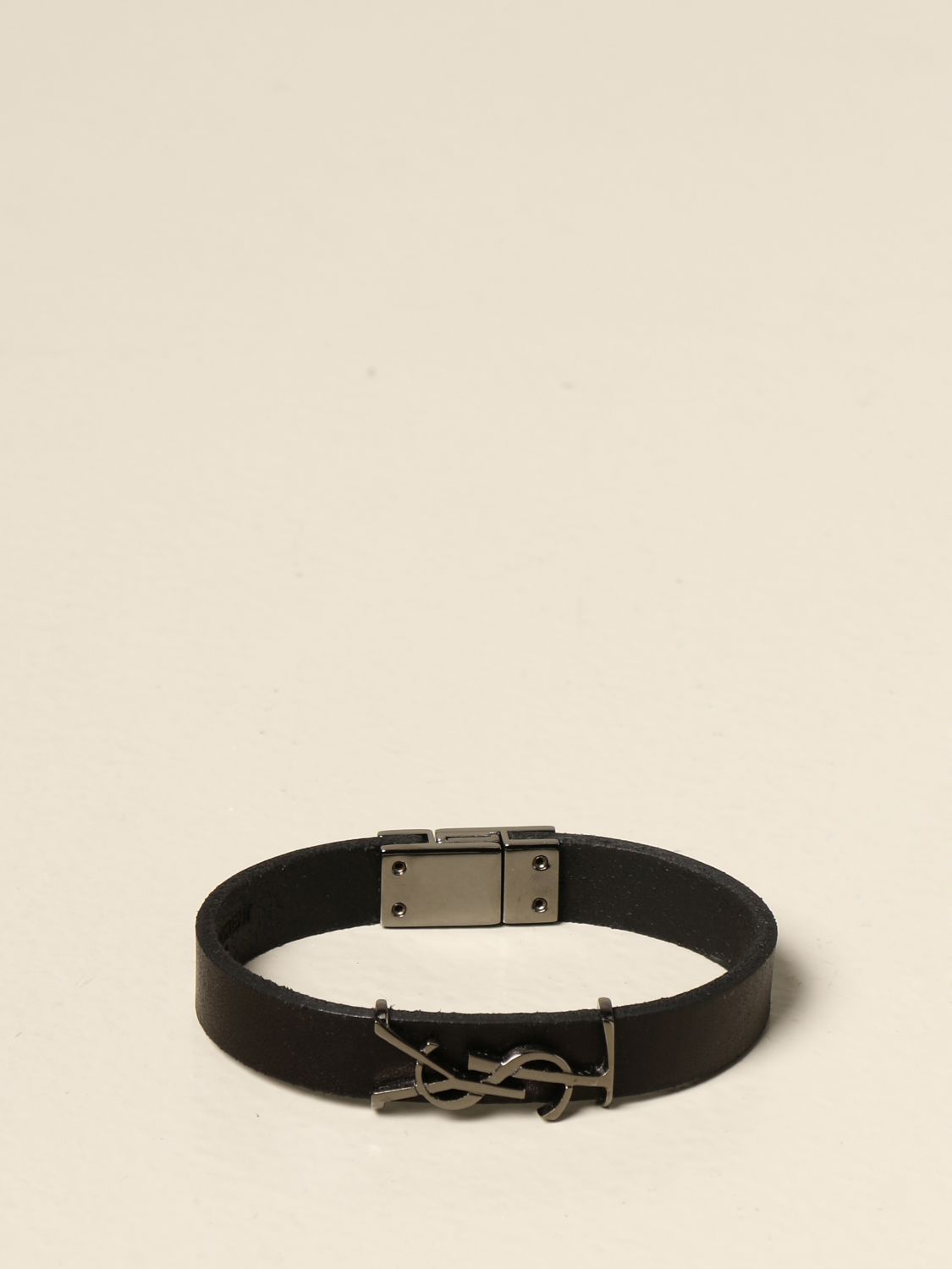 Saint Laurent Leather Ysl Monogram Bracelet, Black, Size Small