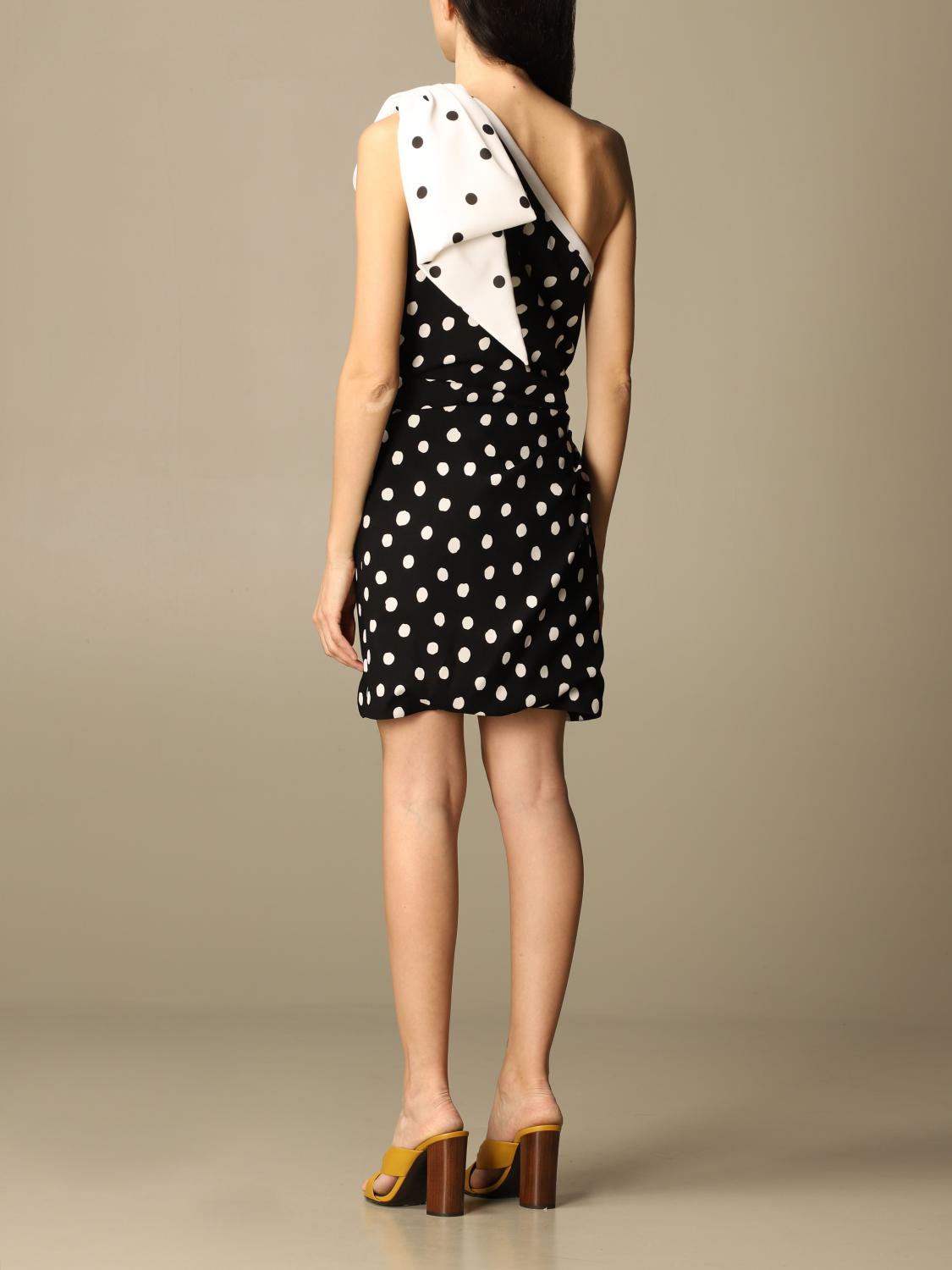 SAINT LAURENT: one-shoulder dress in polka dot sablé - Black