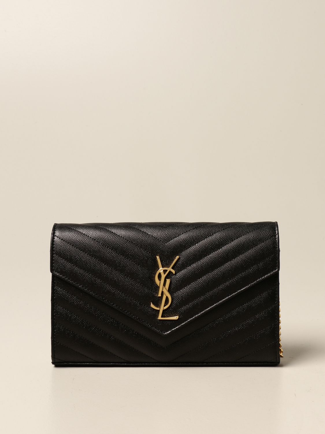 SAINT LAURENT: Monogram envelope chain wallet bag in grain de poudre leather  - Black