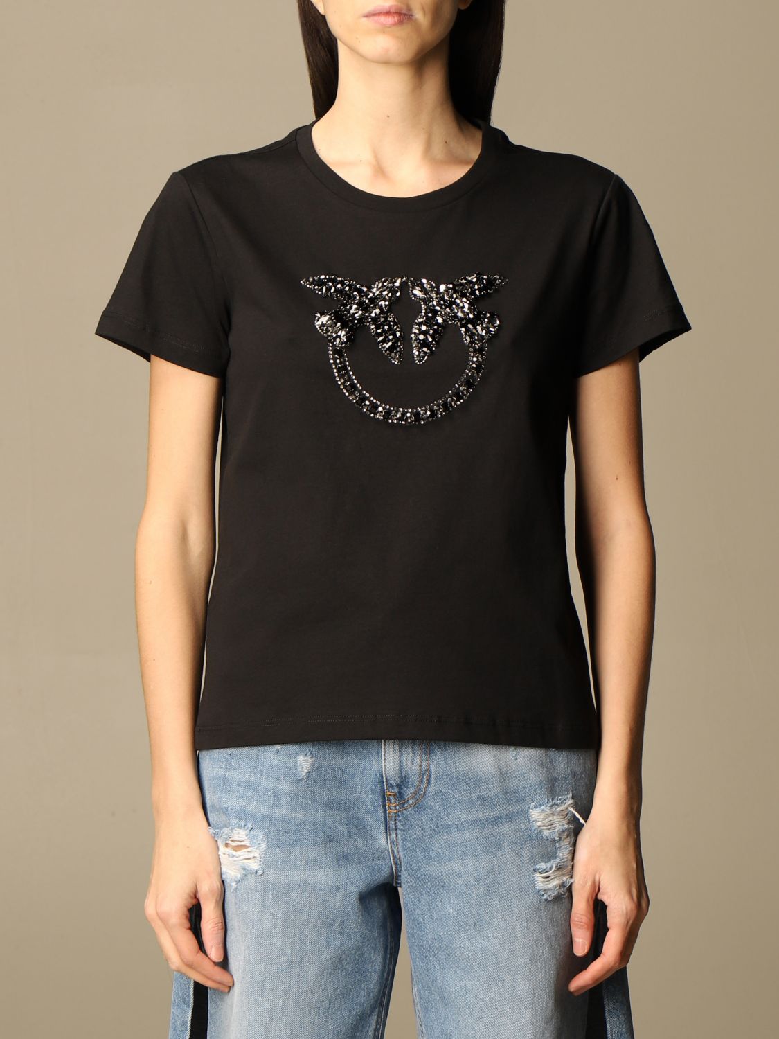 patrouille expeditie bout PINKO: cotton T-shirt with rhinestone Love Birds logo - Black | Pinko t- shirt 1G1610-Y4LX online on GIGLIO.COM