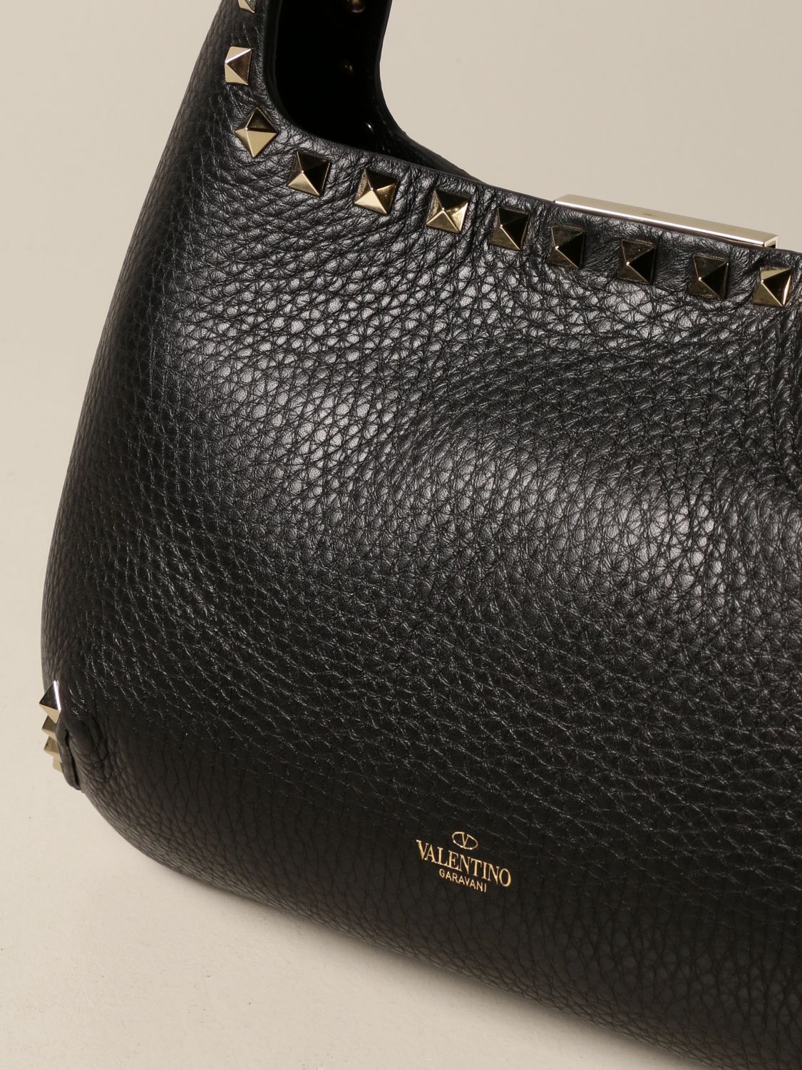 VALENTINO GARAVANI: Rockstud Hobo bag in hammered leather - Black