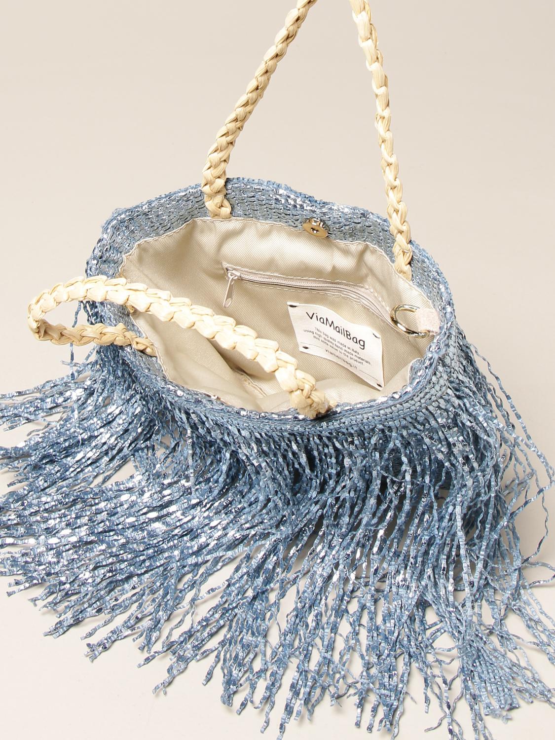 VIA MAIL BAG in raffia with laminated fringes Gnawed Blue Shoulder