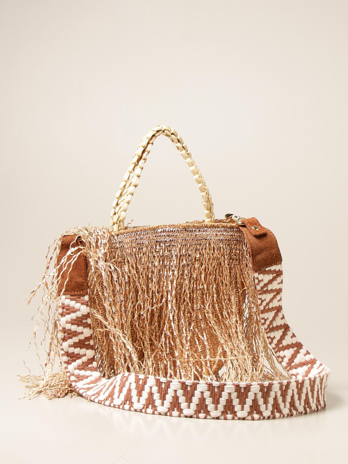 VIA MAIL BAG in raffia with laminated fringes Gold Via Mail Bag