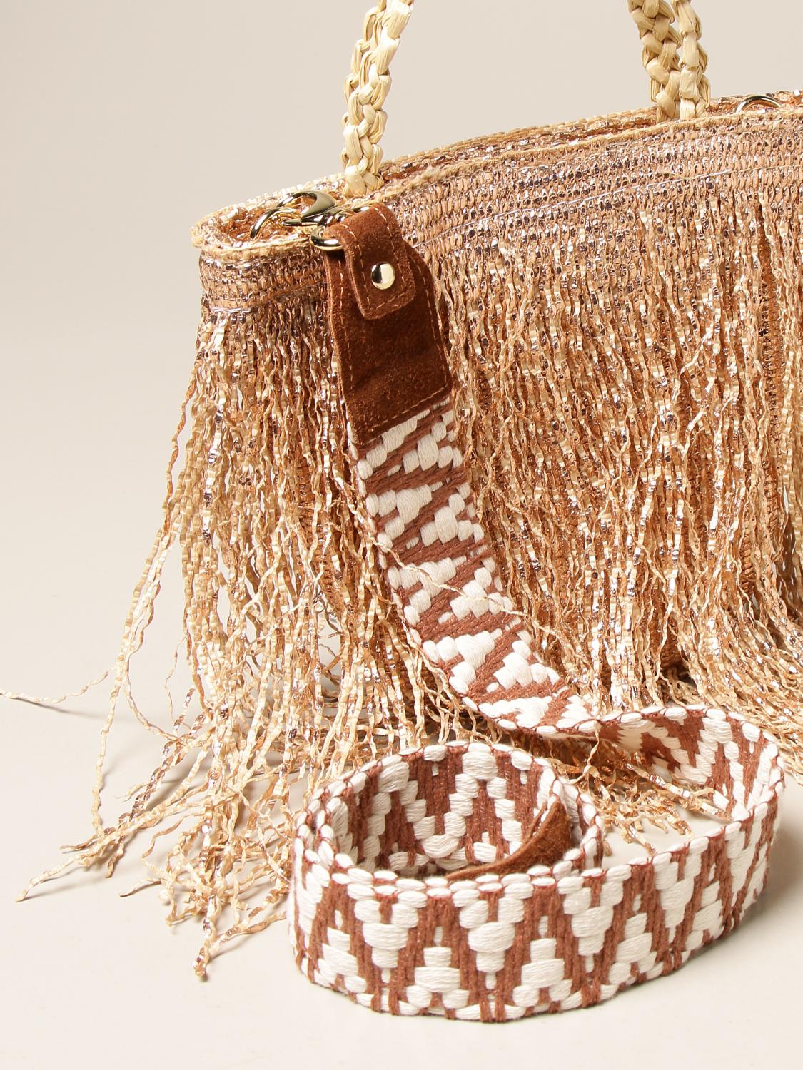 VIA MAIL BAG in raffia with laminated fringes Gold Via Mail Bag