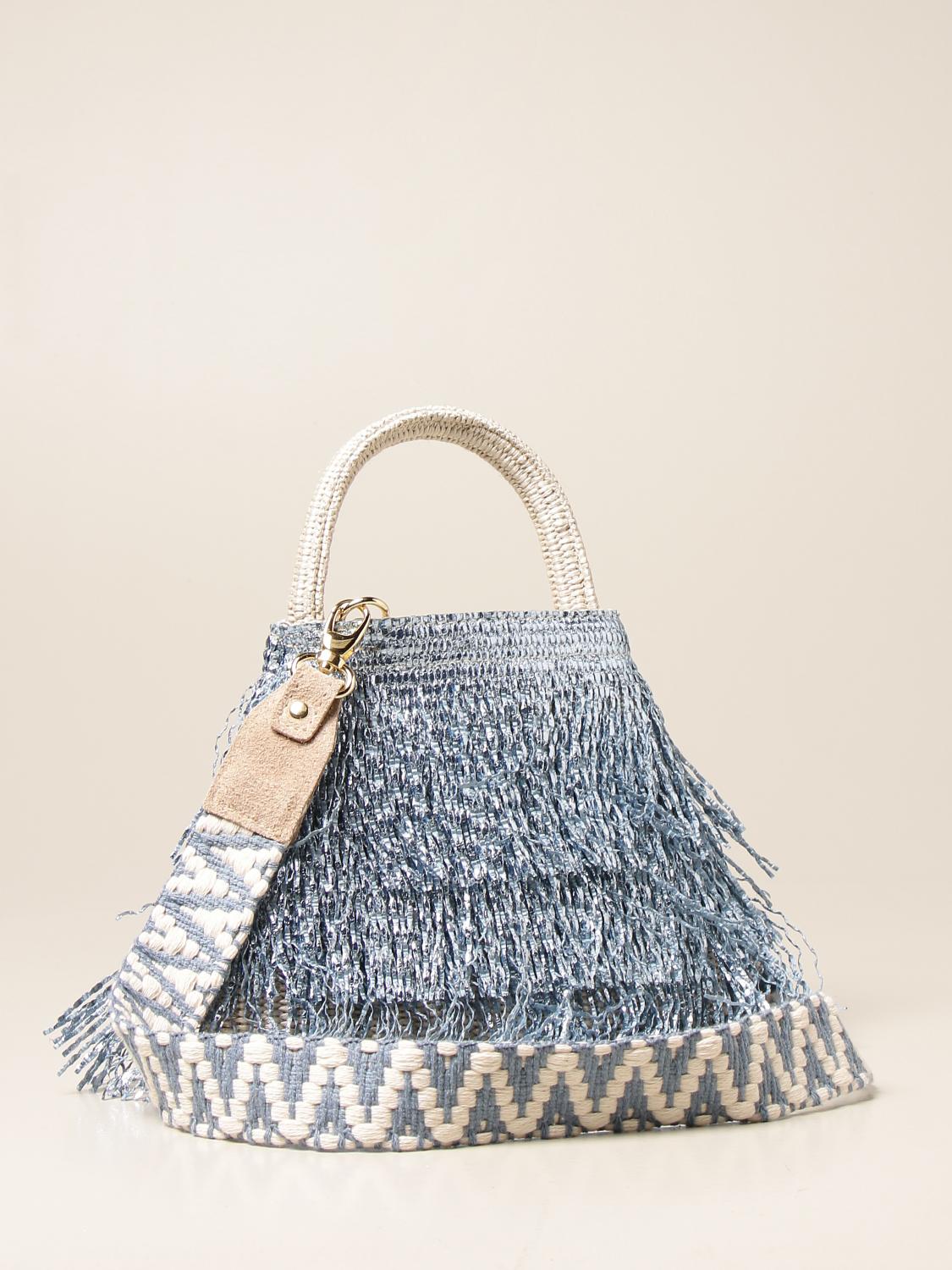 VIA MAIL BAG Borsa in rafia con frange laminate Azzurro Borsa A