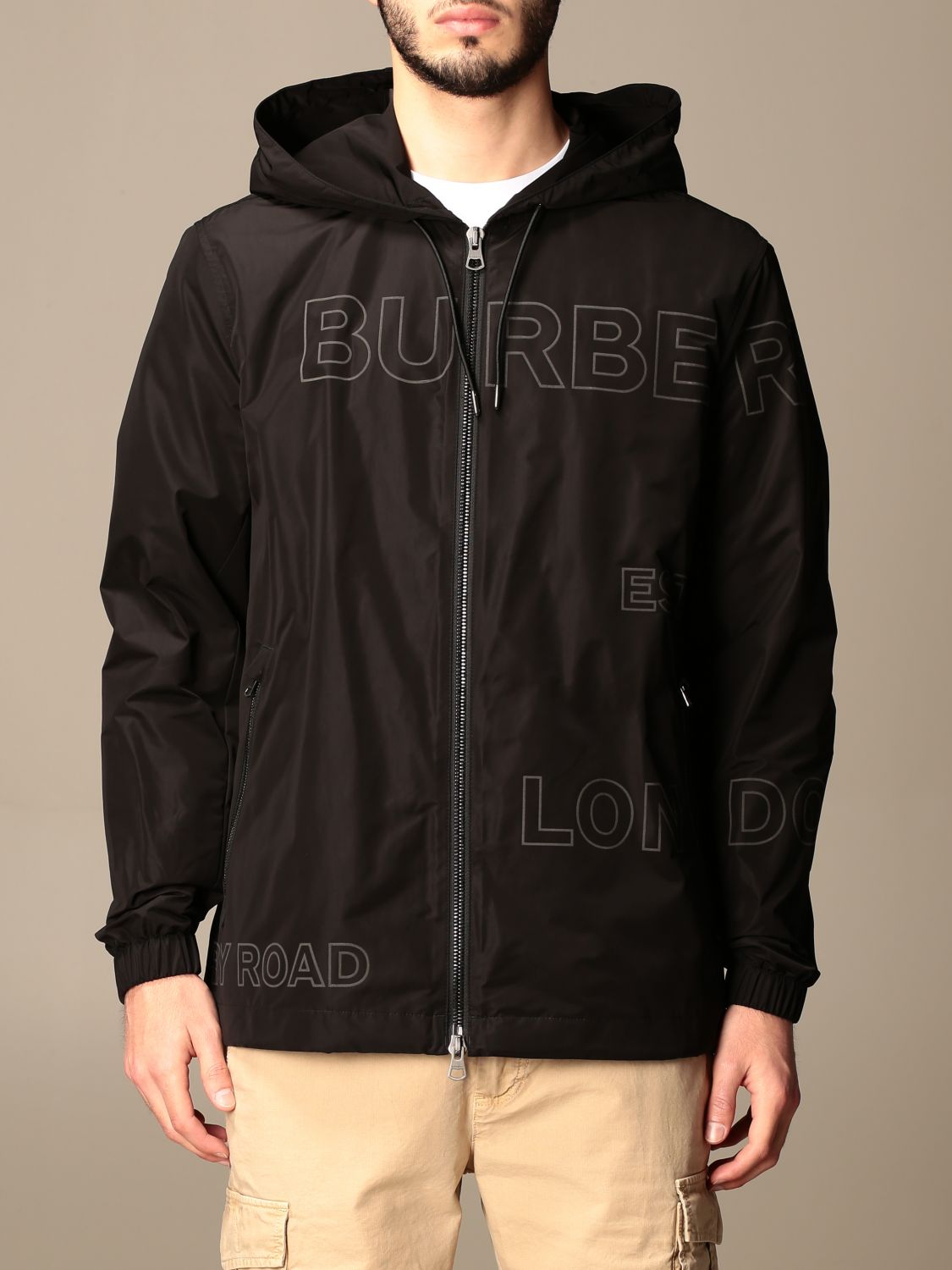 BURBERRY: hooded in taffeta with Horseferry print | Jacket Men Black | Jacket Burberry 8036855 GIGLIO.COM