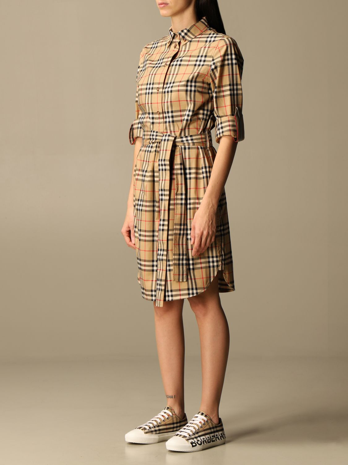 BURBERRY: shirt dress in stretch cotton with vintage check pattern ...