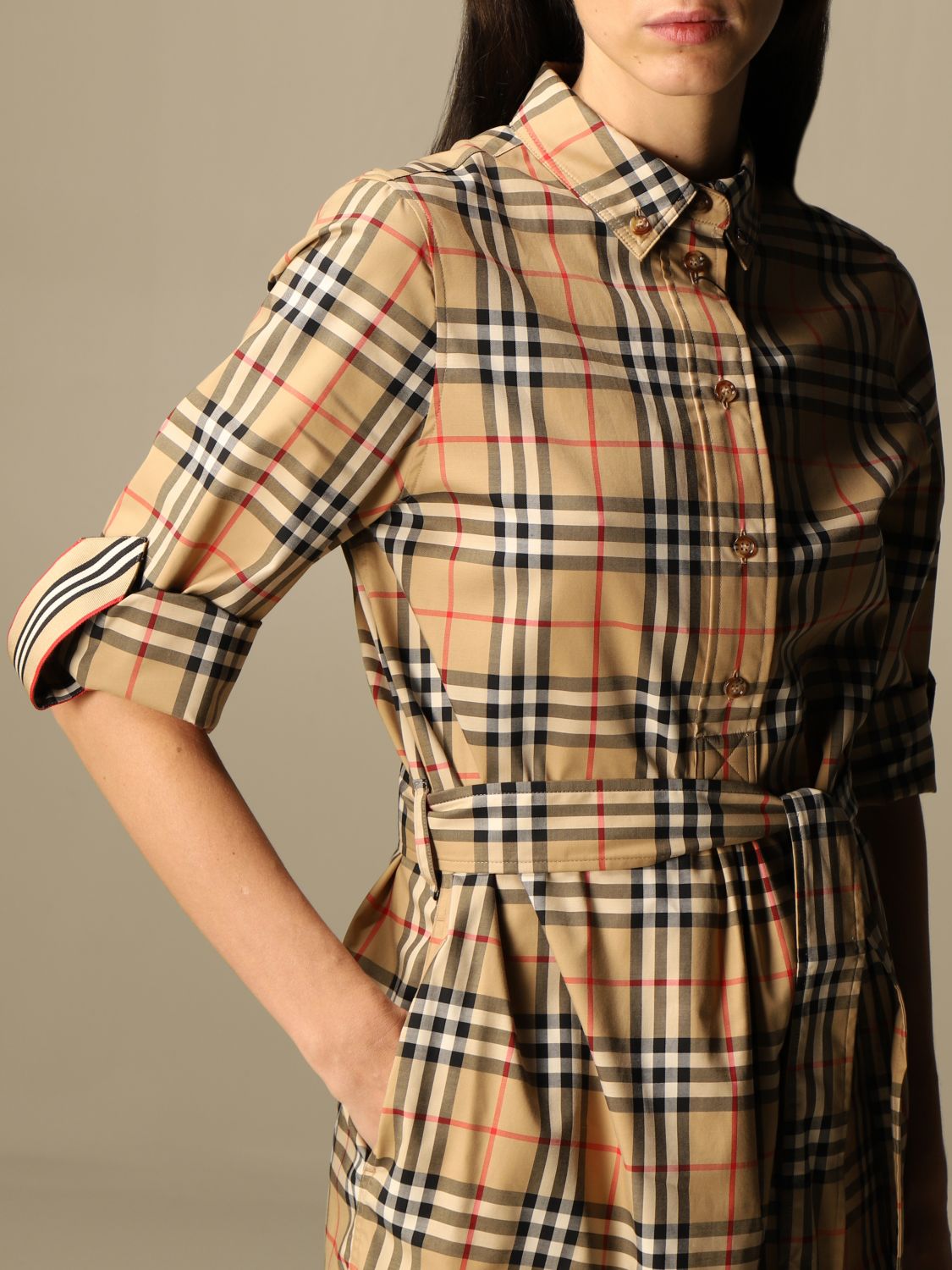 BURBERRY: shirt dress in stretch cotton with vintage check pattern