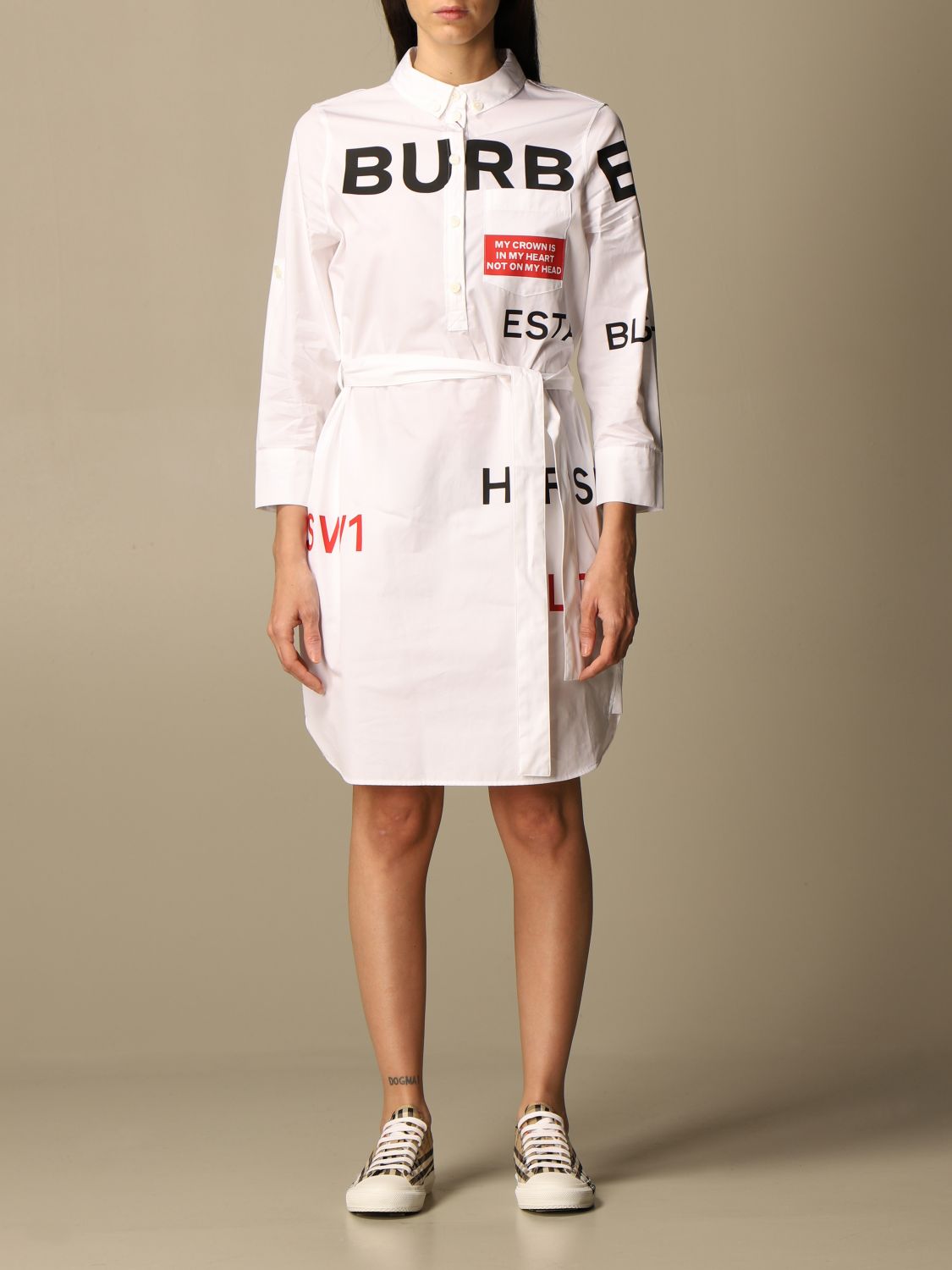 BURBERRY: shirt dress in cotton with Horseferry print - White