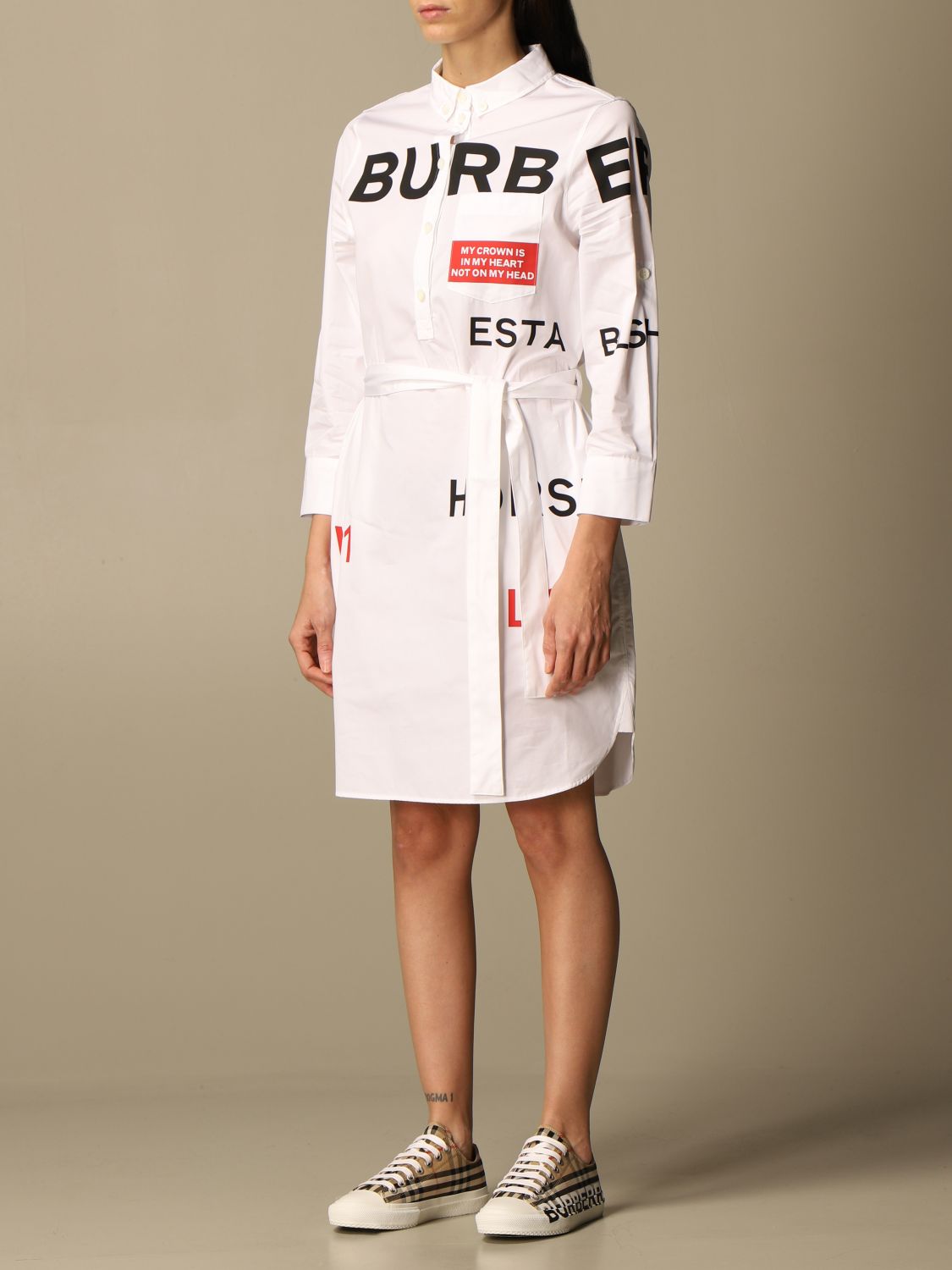 BURBERRY: shirt dress in cotton with Horseferry print - White | Dress