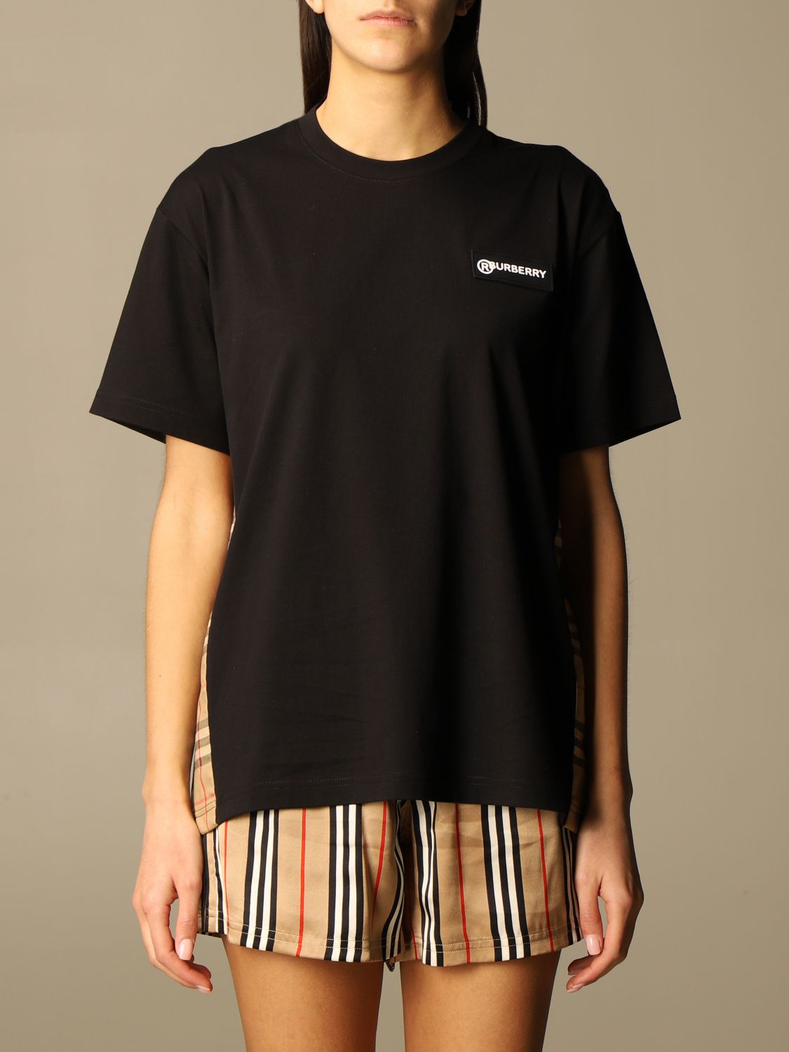 BURBERRY: Carrick T-shirt with check bands - Black | Burberry t-shirt ...