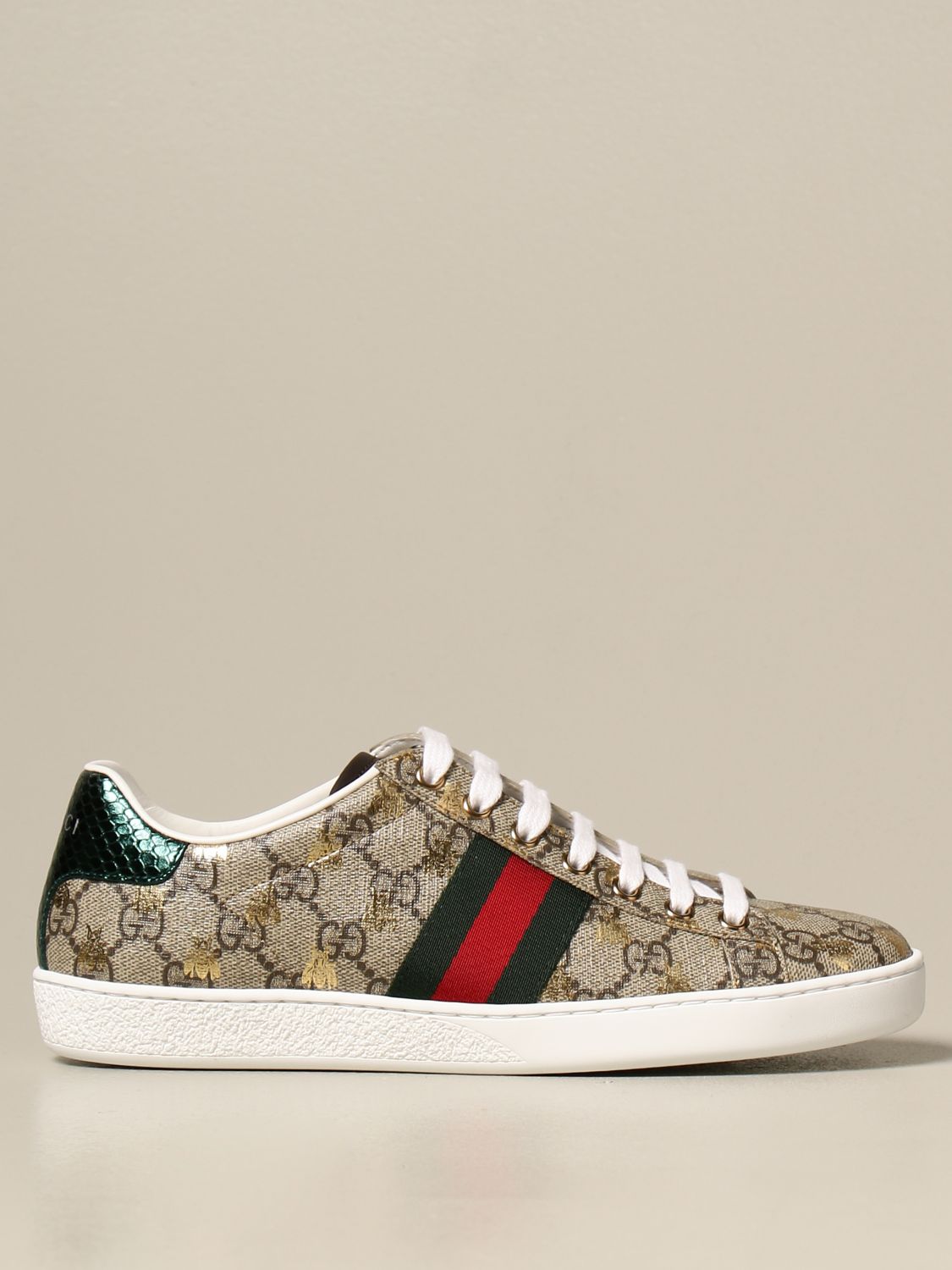 GUCCI: Ace sneakers in GG Supreme fabric with Web bands - Beige | Gucci ...