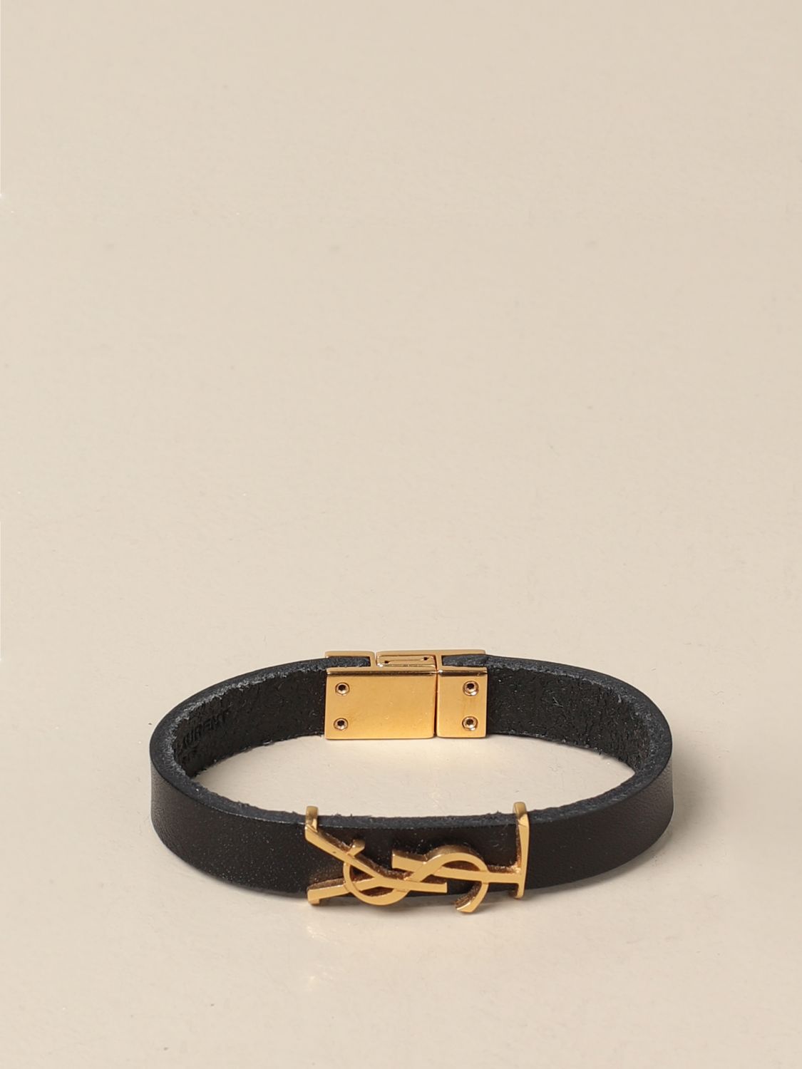SAINT LAURENT: leather bracelet with YSL monogram - Black | Saint