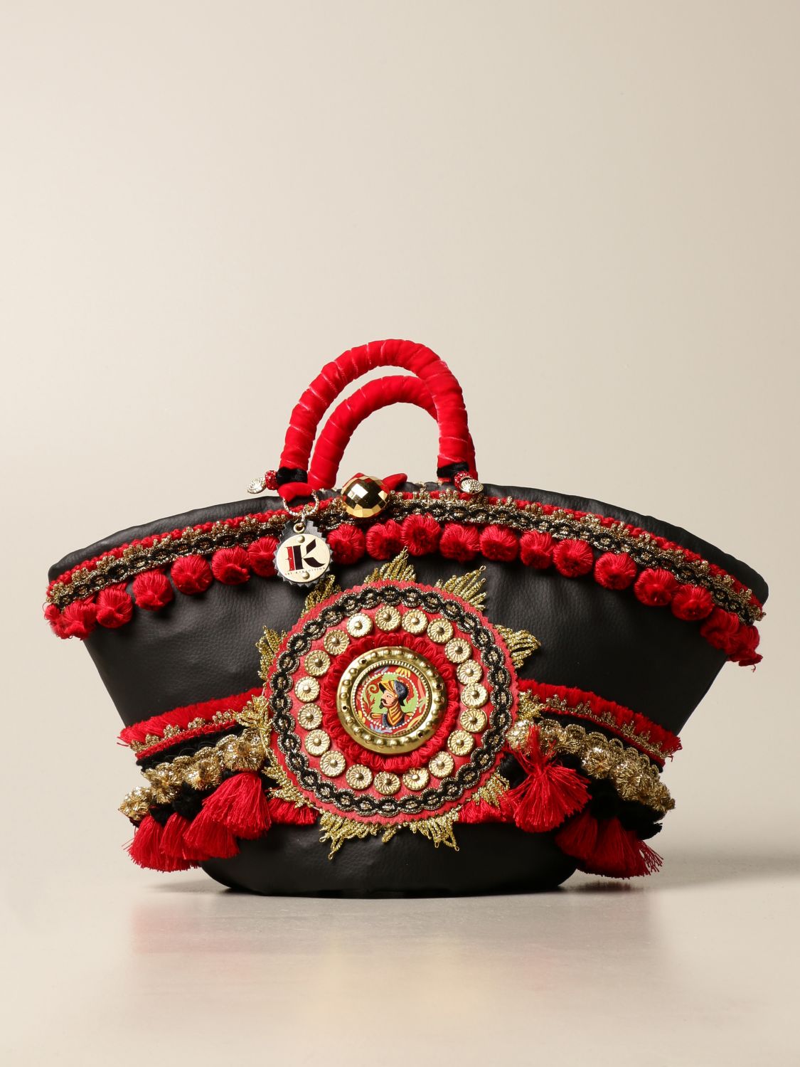 SIKULY: Noto leather coffa bag with maxi pompom and embroidery ...