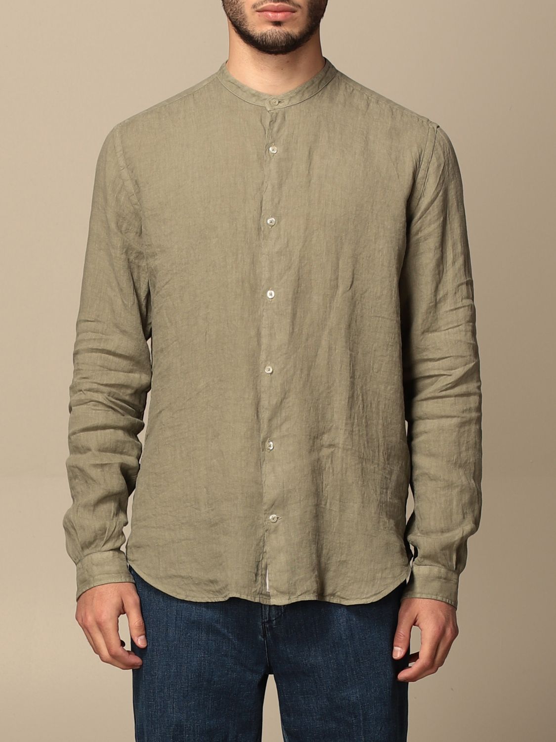 Brooksfield Outlet: shirt in linen with mandarin collar - Sage ...