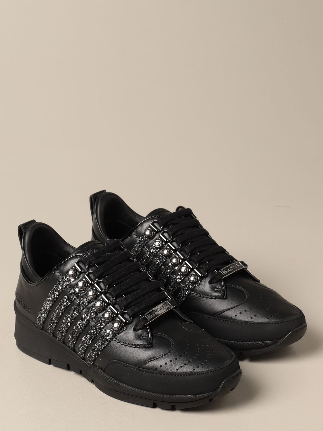Dsquared2 Outlet: 251 sneakers in leather with glitter bands - Black ...