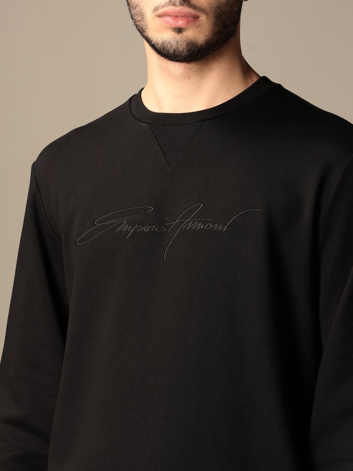 EMPORIO ARMANI: crewneck sweatshirt with signature - Black | Emporio ...