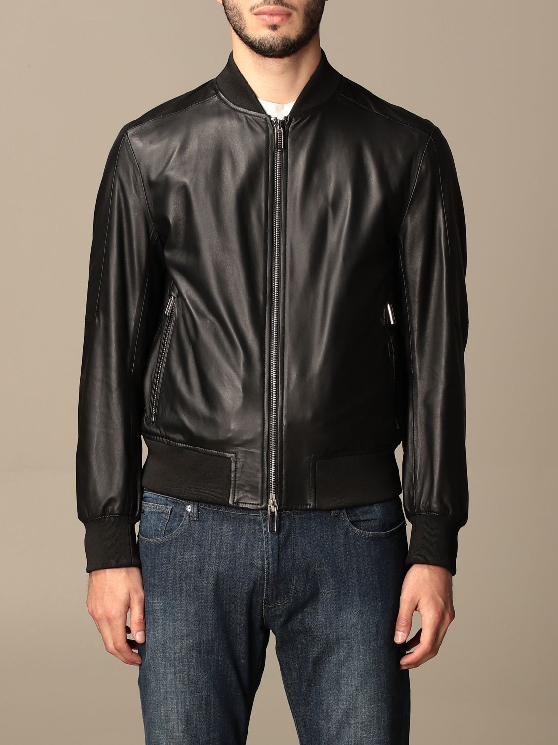 EMPORIO ARMANI: leather bomber jacket - Black | Emporio Armani jacket ...