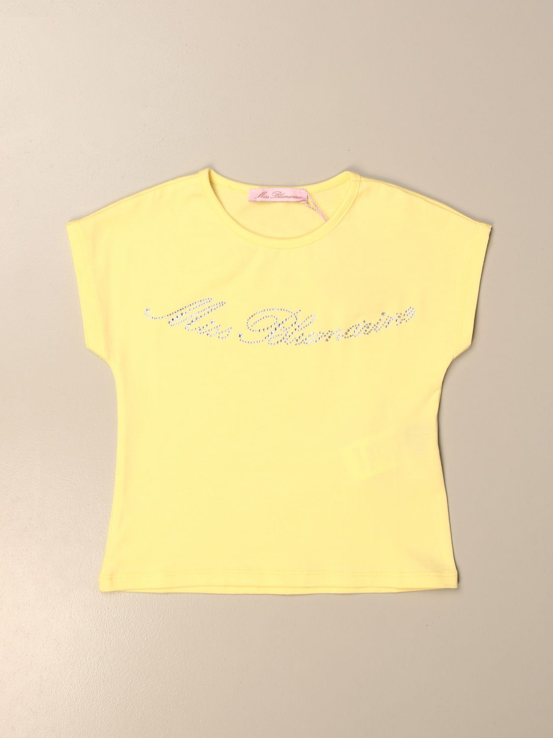 Miss Blumarine Outlet: cotton t-shirt with rhinestone logo - Yellow ...