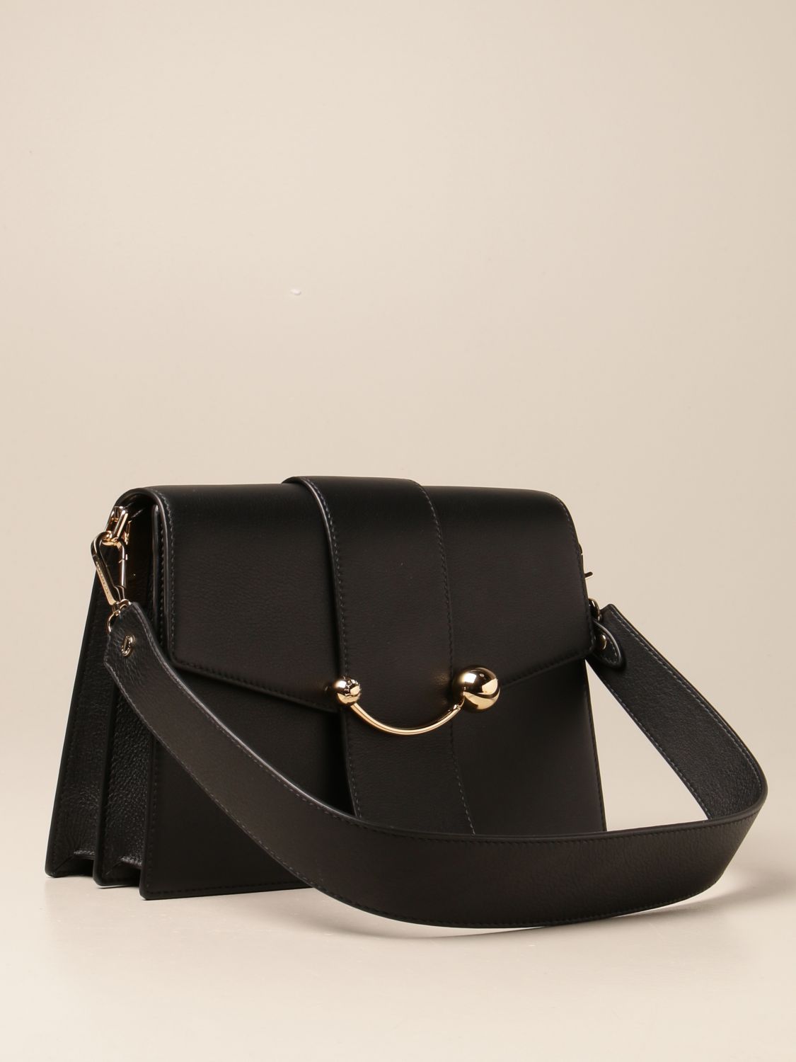 Strathberry Crescent Flap Leather Shoulder Bag In Black