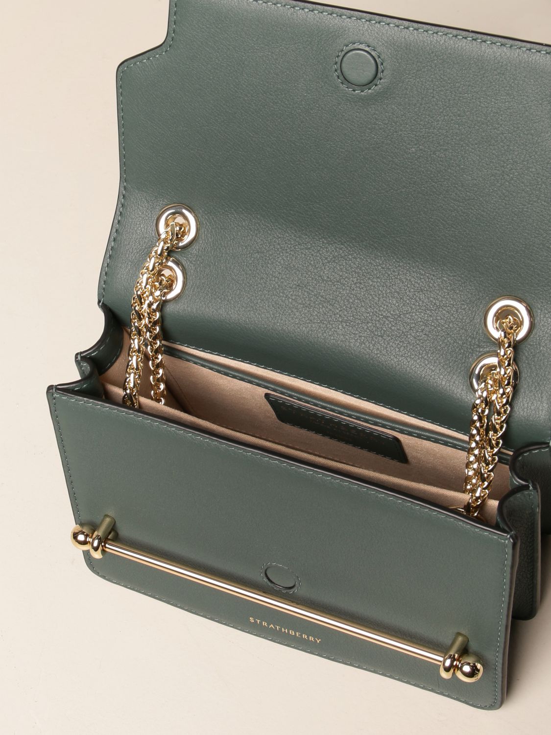 Strathberry East-west Mini Leather Chain Shoulder Bag In Sea Grass Bottle