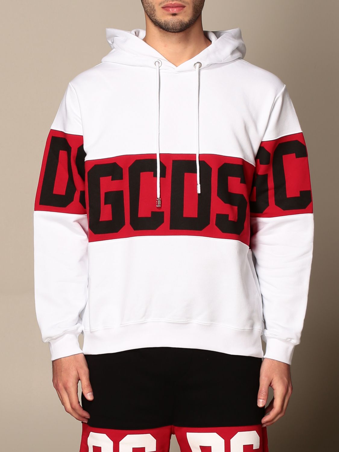 GCDS: hooded sweatshirt with band and logo - White | Sweatshirt Gcds ...